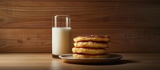 Wall Mural - Homemade hot cakes from a sweet pastry bakery made from puff pastry served with a glass of milk Copy space image