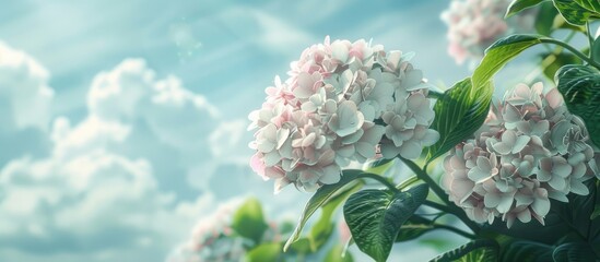 Canvas Print - Flourishing hydrangeas under overcast skies with copy space image