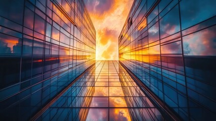 Wall Mural - Stunning sunset reflecting on a sleek glass skyscraper, capturing the harmony of modern architecture and naturea??s beauty