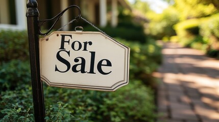 A For Sale sign prominently displayed in front of a home amidst a lush, vibrant garden, indicating that the property is available for purchase and inviting potential buyers