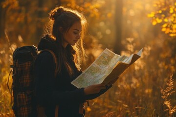 A woman examining a map while carrying a backpack, possibly planning an outdoor adventure