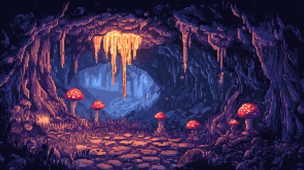 Wall Mural - Pixel art battlemap set in a dark cave with stalactites and glowing mushrooms