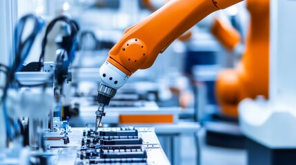 Aufkleber - A robotic arm assembling advanced audio equipment in a clean, high-tech audio lab, modern and technical environment with a focus on audio technology