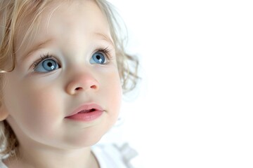 A young child gazing upwards with bright blue eyes