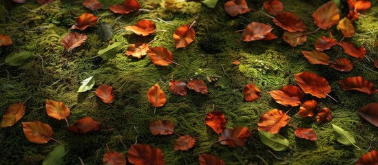 Wall Mural - autumn leaves scattered on moss covered ground creating a picturesque scene with copy space image