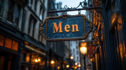 An antique metal sign with the word Men hangs outside a vintage building along a narrow street, illuminated by warm, soft streetlights in the evening