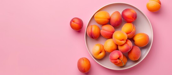 Wall Mural - A plate with fresh apricots on a pink background with copy space image is shown from a top down perspective