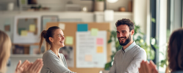 Business professionals meet for the first time at a conference, exchanging smiles and handshakes as they introduce themselves. The environment is welcoming and conducive to networking.