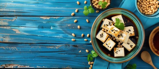 Wall Mural - Top view of tasty tofu beans and soy sauce on a blue wooden table perfect for a banner design with copy space image