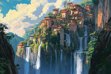 Canvas Print - a painting of a waterfall with a village on top of it