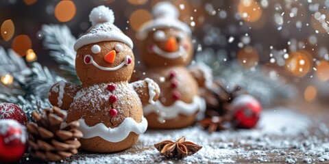 Two delightful gingerbread snowmen with festive decorations and powdered sugar, set against a cozy background, evoke the warmth and joy of the holiday season