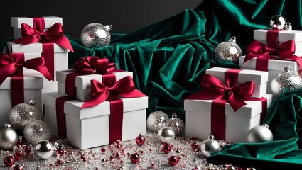 White gift boxes with red ribbons and Christmas balls on green velvet background