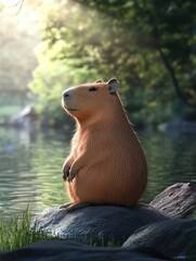 Wall Mural - Capybara on Rock near Water