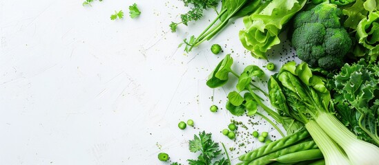 Wall Mural - top view of green veggies on white background with copy space image embracing healthy eating vegan l