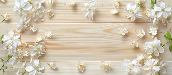 Wall Mural - Light wooden background adorned with delicate white jasmine flowers in a copy space image