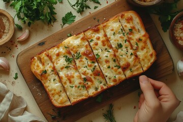 A person cuts a cheese pizza on a cutting board