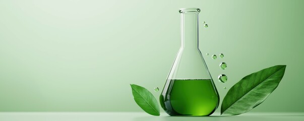 Green laboratory flask with leaves, showcasing eco-friendly concepts.