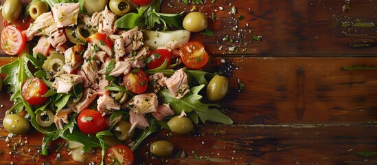 Wall Mural - Close up photograph of a salad featuring tuna green olives and cherry tomatoes on a vibrant wooden backdrop providing copy space for additional content