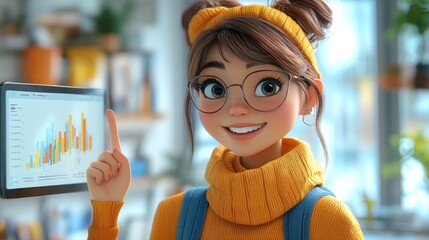 Wall Mural - Smiling Cartoon Girl Pointing at Data on a Tablet