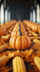 Poster - Autumn Harvest - Pumpkins and Corn on a Wooden Table.