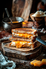 Wall Mural - melted cheese grilled sandwich on rustic wooden background