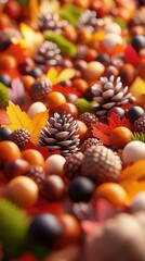 Sticker - Autumnal Forest Floor with Pine Cones and Colorful Leaves.