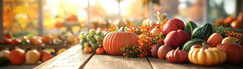 Canvas Print - Autumn Pumpkins and Gourds on Wooden Table.