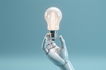3d robot hand holding a lightbulb technology electricity innovation. Image .
