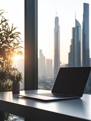 Poster - The sleek laptop sits on a stylish desk, with a breathtaking city skyline visible through the window at sunset. Generative AI