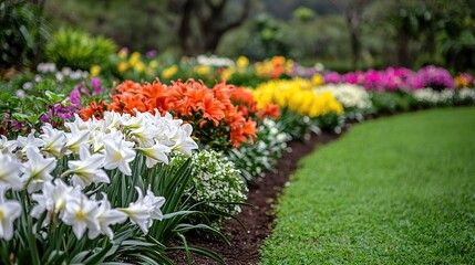 a vibrant flower garden showcases an array of colorful blossoms, with green grass and a picturesque 