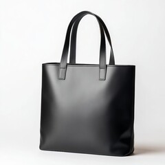 Blank black leather tote bag, isolated on simple white background, smooth texture and subtle highlights for branding purposes