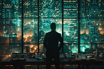 Business leader standing in front of large glass windows, overlooking futuristic digital interface with illuminated data on multiple displays. Male silhouette in dark office evaluating complex