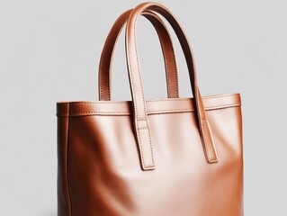 Blank brown leather tote bag, isolated on neutral gray background, realistic texture with soft lighting