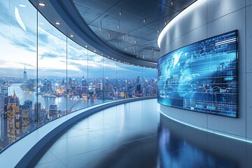 Panoramic view of a modern office space with floor-to-ceiling windows overlooking a city skyline. A large digital screen displays data and charts, creating a futuristic and professional atmosphere.