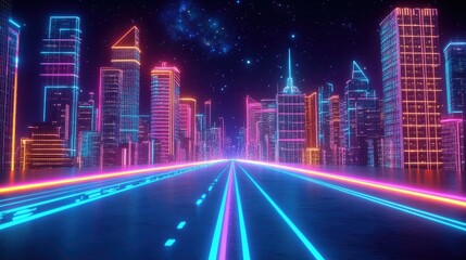 urban architecture, cityscape with space and neon light effect