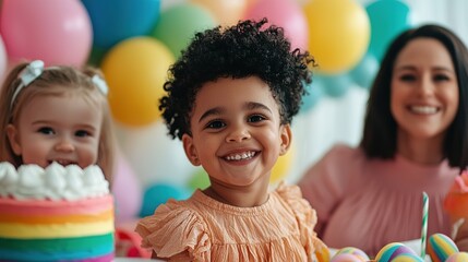 A cheerful celebration scene with two children and a woman, colorful balloons, and a rainbow cake, capturing joy and togetherness.