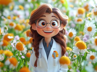 Smiling Cartoon Girl in Flower Field