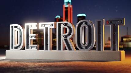 Canvas Print - 3D Text Display of 'DETROIT' with City Skyline at Night: Ideal for Tourism and Promotion