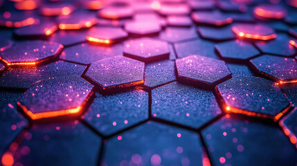 Wall Mural - A stunning, futuristic close-up of hexagon patterns illuminated in neon pink. This digital design showcases glowing edges and a textured surface