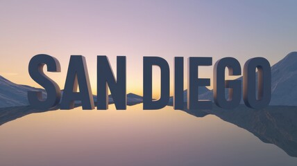 Wall Mural - 3D Text of 'SAN DIEGO' Overlooking a Calm Water Surface with Soft Gradients and Mountainous Background – Perfect for Travel Promotions.