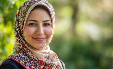 Close-up portrait of a smiling woman in a hijab, traditional style with delicate embroidery, warm sunlight, peaceful outdoor setting