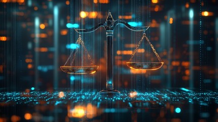 Wall Mural - digital scales of justice against a backdrop of a data center, symbolizing the intersection of law a