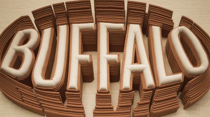 Sticker - 3D Text Art: Stylized 'BUFFALO' in Brown and Cream Layers, Ideal for Graphic Design and Branding