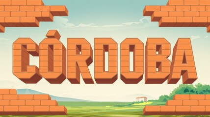 Sticker - Colorful Graphic Design: Vibrant Block Letters Spell 'CÓRDOBA' Against a Scenic Background, Ideal for Travel Promotions