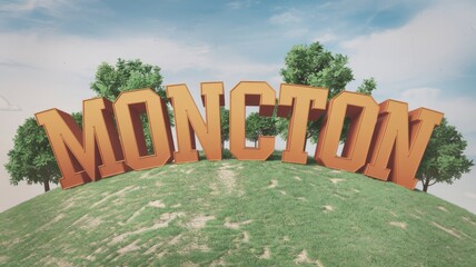 Canvas Print - 3D Text of 'Moncton' on a Green Hill with Trees and Blue Sky – Ideal for Travel Promotions or Local Branding