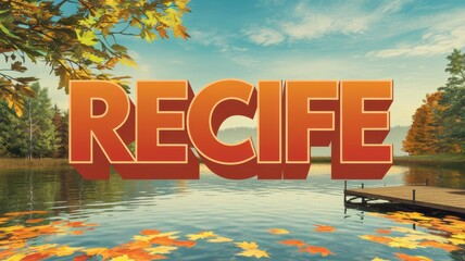 Wall Mural - Vibrant Autumn Landscape with Text: 'Recife' Against a Lake Backdrop, Ideal for Travel Promotions