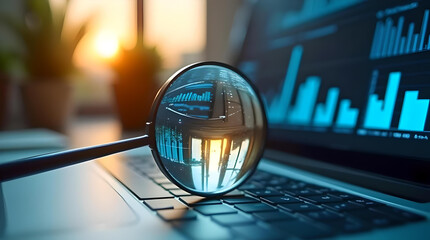 close-up magnifying glass on laptop, Business audit stock finance management on analysis, new data strategy with graph accounting marketing or report chart economy investment research profit concept. 