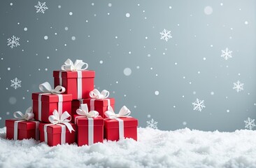 Wall Mural - christmas red gifts with white bows on a snow. blurred background with snowflakes and sunny lights. 