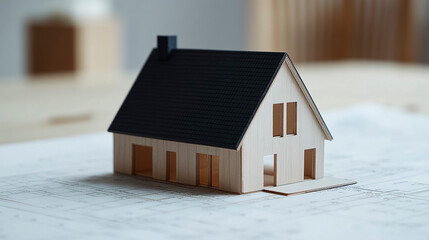 Minature Model of new house with black tiled pitched roof on architecture blueprint plan close up