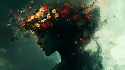 Wall Mural - Abstract fantasy concept art illustration of imagined woman of nature with flowers on head 